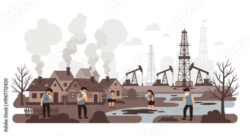 Industrial workers at oil field site. Vector Illustrations. EPS Editable