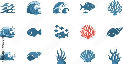 Ocean and Marine Life Icon Set with Waves, Fish, Coral, Shells and Underwater Elements Flat Vector Collection Isolated on White Background