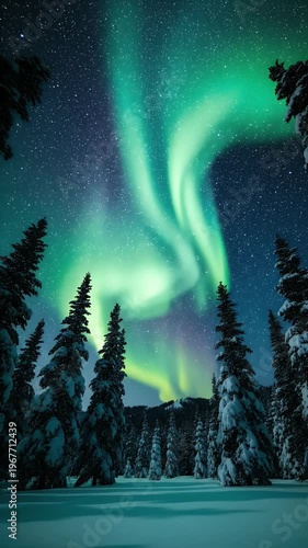 Winter Night Sky Aurora Borealis Over Snow Covered Pine Forest