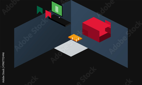 Hand-drawn isometric living room setup with a television and international flags for a global watch party authentic illustration