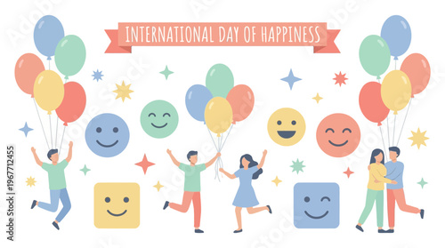 International Day of Happiness Celebration Smiles. Vector Illustrations. EPS Editable