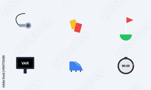 Flat vector icons of soccer referee equipment including whistle cards and var monitor