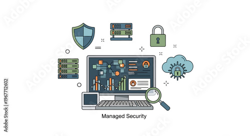 Laptop with security icons on screen. Vector Illustrations. EPS Editable