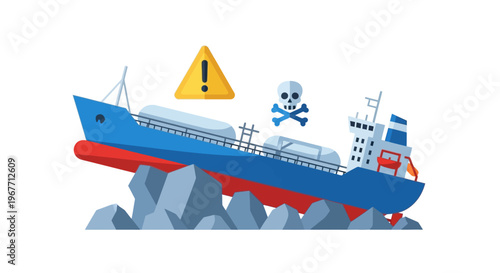 Large blue cargo ship wrecked rocks. Vector Illustrations. EPS Editable