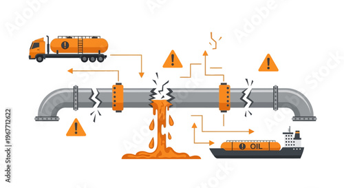 Leaking Industrial Pipeline with Truck and Ship. Vector Illustrations. EPS Editable