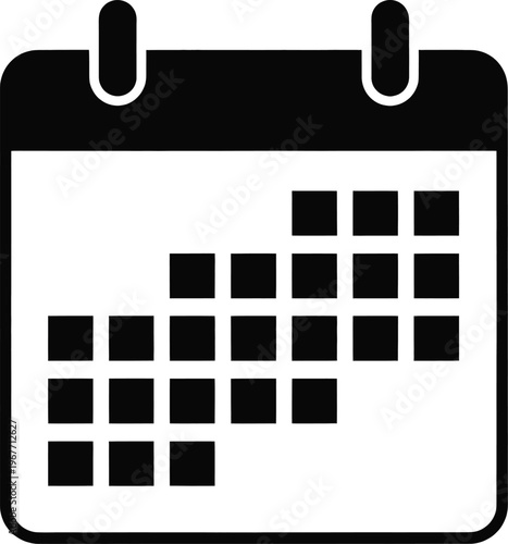 A calendar page showing marked dates in a weekly grid layout with black squares. Vector