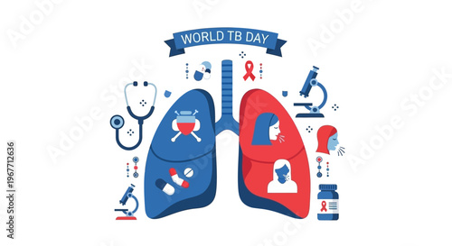 Lungs with medical icons around them. Vector Illustrations. EPS Editable