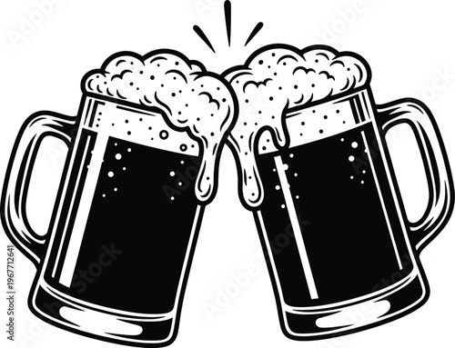 Two mugs of dark beer clinking together in a celebratory toast. Vector