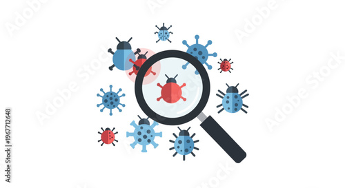 Magnifying glass with virus cells around. Vector Illustrations. EPS Editable