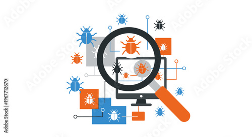 Magnifying glass on computer screen bugs. Vector Illustrations. EPS Editable