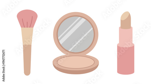 Makeup Brush Lipstick Compact Beauty Tools. Vector Illustrations. EPS Editable