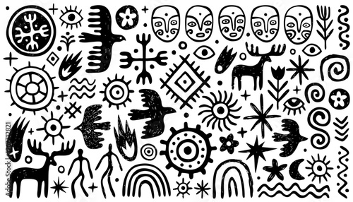 Collection of hand drawn simple ethnic folk elements. Rock paintings, primitive patterns. Sun symbols, people, trees, animals and birds, abstract lines.