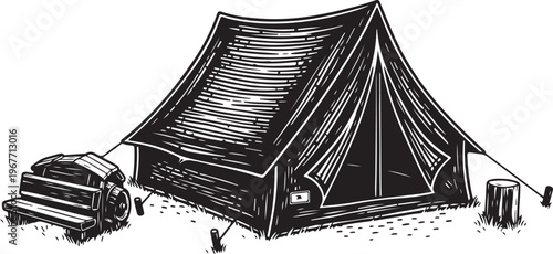 Camping illustration with tent and car in the wilderness