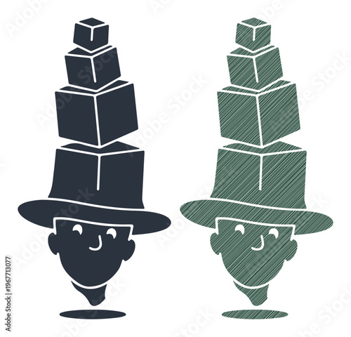 Abstract man balancing boxes on head, conceptual business metaphor vector, person with stacked cubes