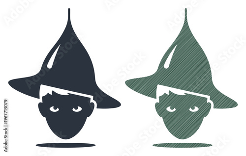 Mystical wizard boy head icons, young sorcerer with pointed hat, magic character vector illustrations