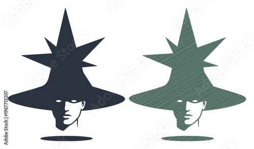 Mysterious wizard head vector, fantasy sorcerer silhouette, dark magic character icon set
