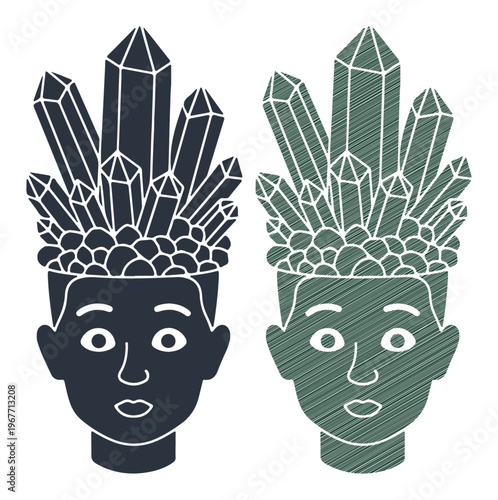 Surreal crystal head vector illustration, human mind with gemstone crown, spiritual mental health concept