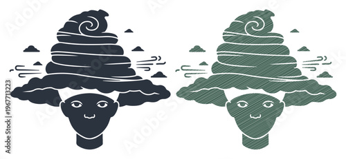 Surreal cloud hair woman vector, whimsical storm head character, dreamy weather person silhouette