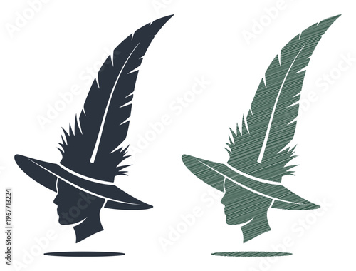 Vintage Robin Hood hat silhouette, medieval archer cap with feather, forest ranger head vector