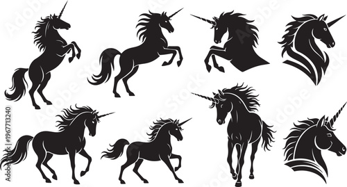 Collection of black unicorn silhouettes on white background