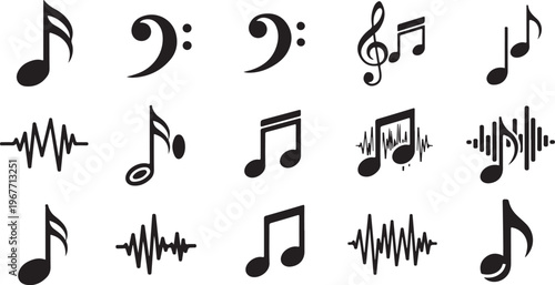 Music notes and sound waves on white background