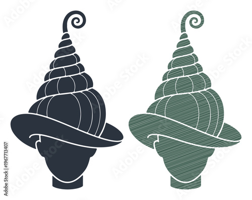 Whimsical witch hat vector icons, fantasy seashell wizard headwear, magical spiral hat silhouettes