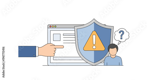 Man with shield warning sign query. Vector Illustrations. EPS Editable