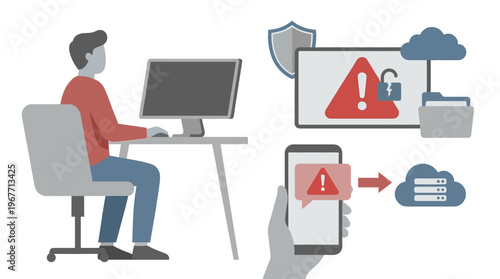 Man working on computer with cyber security threat. Vector Illustrations. EPS Editable