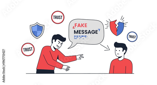 Man warning other about fake message. Vector Illustrations. EPS Editable
