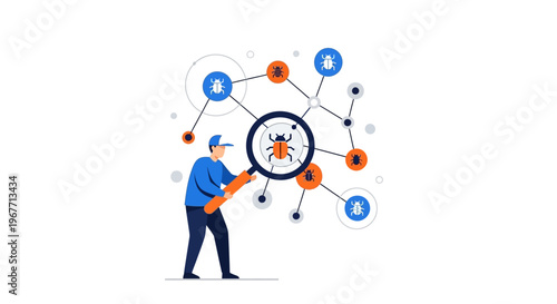 Man with Magnifying Glass Inspecting Network for Bugs. Vector Illustrations. EPS Editable