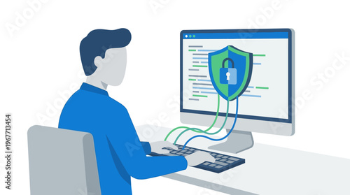 Man working on computer with shield. Vector Illustrations. EPS Editable