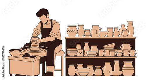 Man working on pottery wheel ceramics. Vector Illustrations. EPS Editable