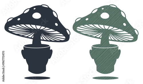 Surreal mushroom head silhouette vector, psychedelic fungus growing from human mind, trippy art