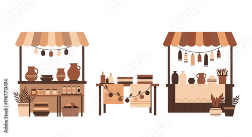 Market stall with ceramic products. Vector Illustrations. EPS Editable