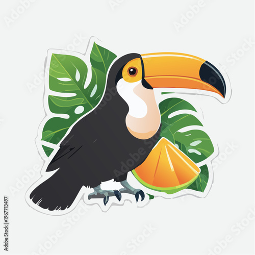 Charming toucan bird illustration sticker, capturing the essence of tropical wildlife with lush green foliage and a refreshing orange fruit slice
