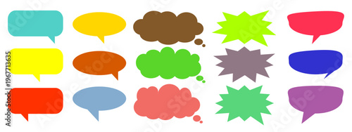 A simple design set of colorful message comment chat boxes. A collection of comic and social media speech bubbles, text boxes, and chat boxes. A vector set of comic and social media speech bubbles.