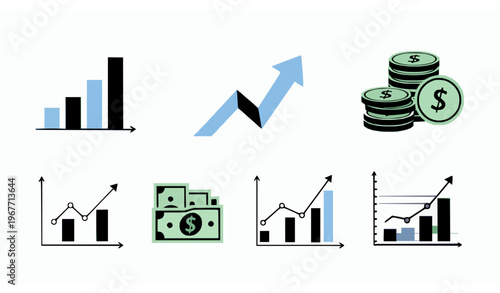 Business growth vector set with money coins chart graph and financial success symbols