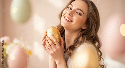 A young woman smiling and holding a decorative Easter egg in a festive setting with balloons