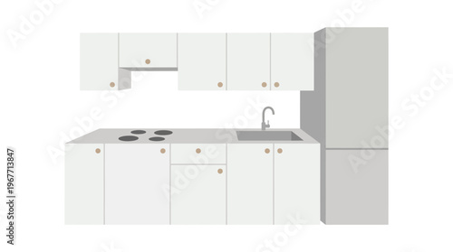 Modern white kitchen cabinets and appliances. Vector Illustrations. EPS Editable