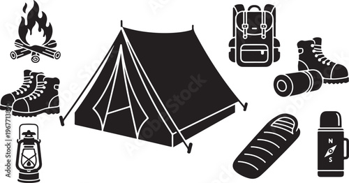 Camping gear and equipment illustration set