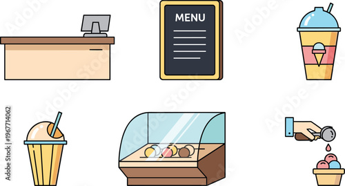 Ice Cream Shop Elements Icon Set with Counter, Menu Board, Display Case, Cups and Serving Scenes Flat Vector Collection