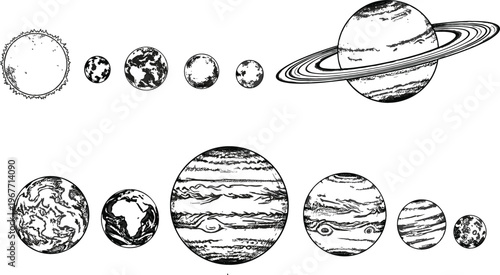 Solar system planets illustration set featuring detailed line art celestial bodies, Saturn with rings, and textured space objects in vintage engraving vector style