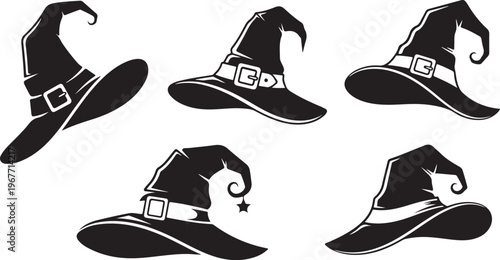 Collection of Black Witch Hats Silhouettes on White Background