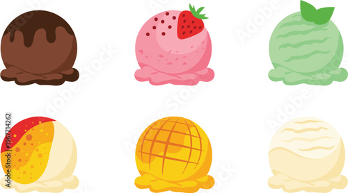Ice Cream Scoop Collection with Chocolate, Strawberry, Mango, Vanilla and Fruit Flavors Flat Vector Dessert Set Isolated on White Background