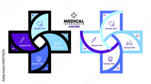 Vector plus infographic set, medical diagram, healthcare graph, hospital presentation, emergency chart. Medicine doctor logo. Concept with 4 options, parts, steps, processes. editable vector