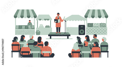 People sitting in chairs listening speaker. Vector Illustrations. EPS Editable