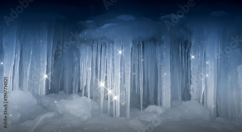 Glistening icicles hanging in cold winter ice cave