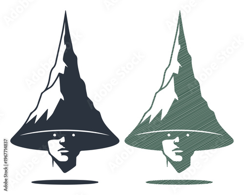 Mysterious figure with a mountain-shaped hat, symbolizing wisdom and nature's grandeur.