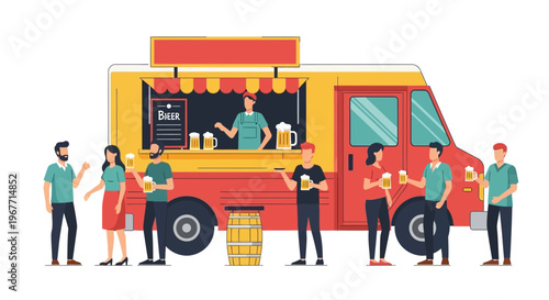 People waiting in line at food truck. Vector Illustrations. EPS Editable