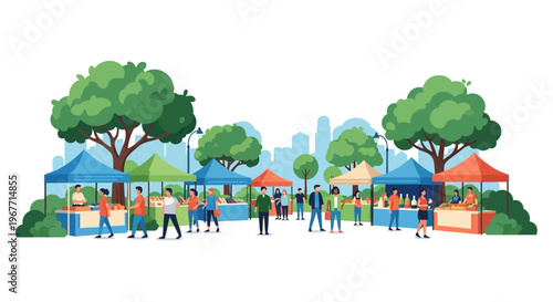 People walking in outdoor market area. Vector Illustrations. EPS Editable